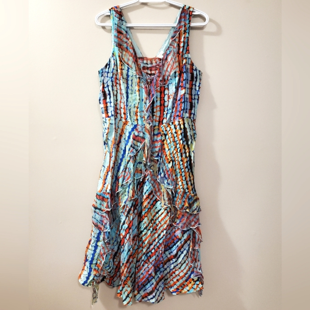 Sundance - Silk Havana Ruffle Dress in Blue Pattern - Size 10  (NWT)